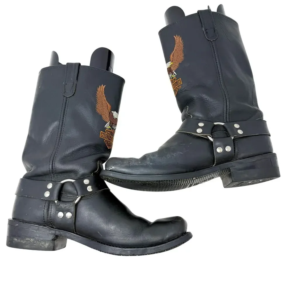 Harley-Davidson Black Leather Harness Moto Boots 12 Pull On Eagle/Crest Design